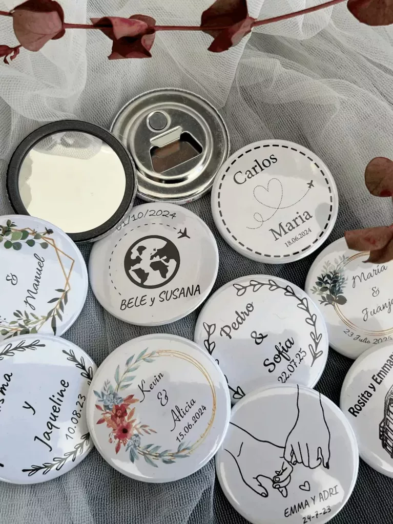 chapas abridor boda y espejos de bolsillo