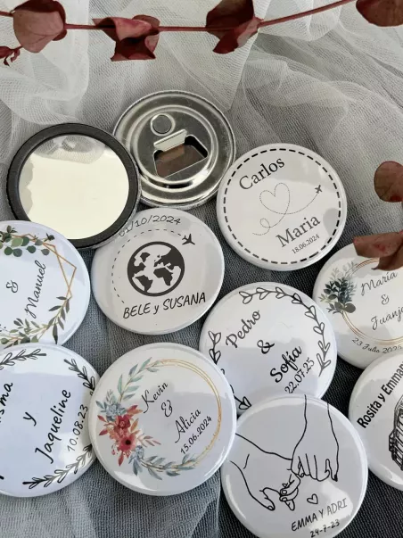 chapas abridor boda y espejos de bolsillo