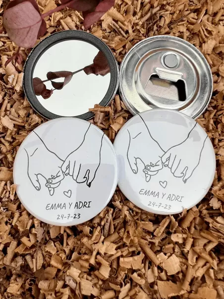Wedding mirror badges and bottle openers