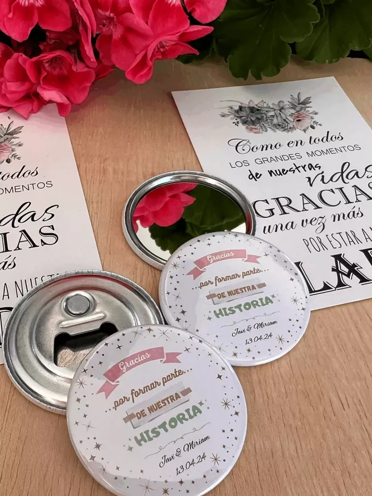 Wedding bottle opener and mirror badge pack