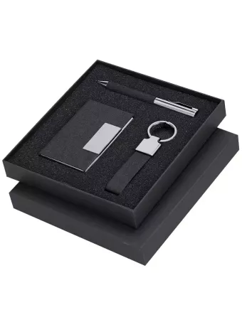 elegantes personalisiertes Set aus Kugelschreiber, Visitenkartenetui und Schlüsselanhänger